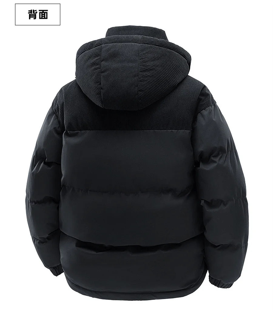 2027 New Patchwork Men Jackets Cotton Padded Corduroy Winter Warm Coat Men's Hooded Windproof Thick Outerwear Mens Clothes