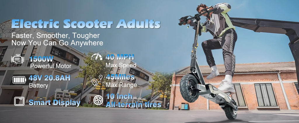 Electric Scooter 1500W Motor for Adults, 48V Battery, 40mph Max Speed, Up to 45 Miles Range, 10 Inch Tires