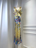 100% Silk Women Floral Print Sling Robe V-Neck Sleeveless High Waist Elegant Slim Yellow Maxi Dress