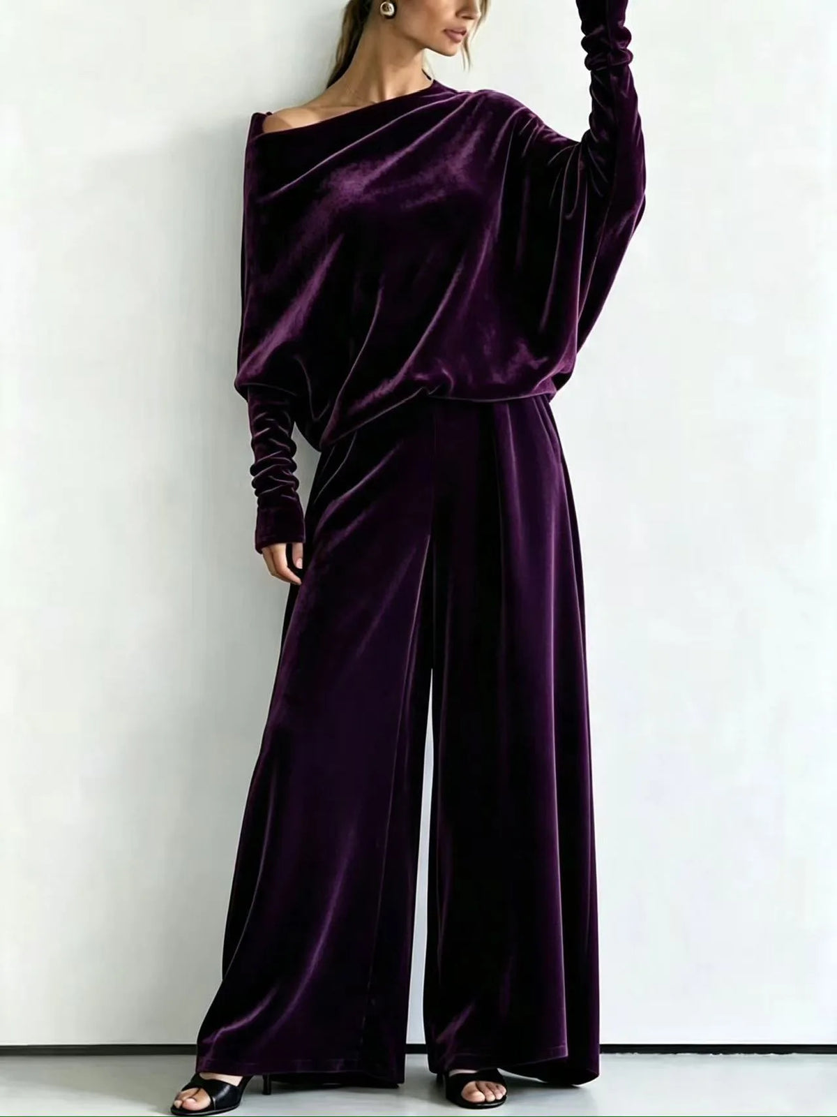 Women's Suit Two Piece Pants Set One Shoulder Batwing Sleeve Velvet Wide Leg Trousers Loose Fit Autumn Winter Tracksuit