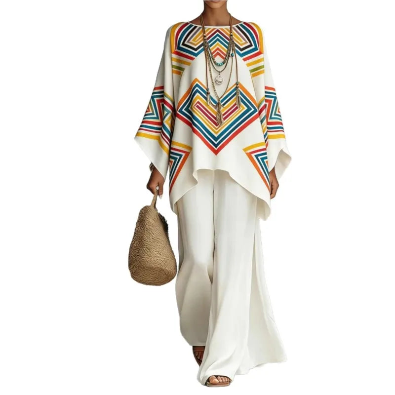 Bohemian Foreign Style Printed Women's Two-piece Set Spring Fashion O-neck Loose Top+wide Leg Pants Suit Ladies Office Outfit