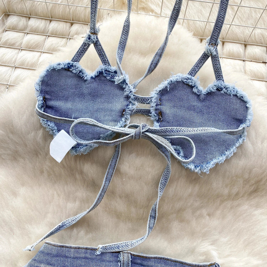 Retro Women Bikini Denim Suits Summer Halter Camis Mini Short Pant Fashion Vacation Suits Sexy Comfortable
