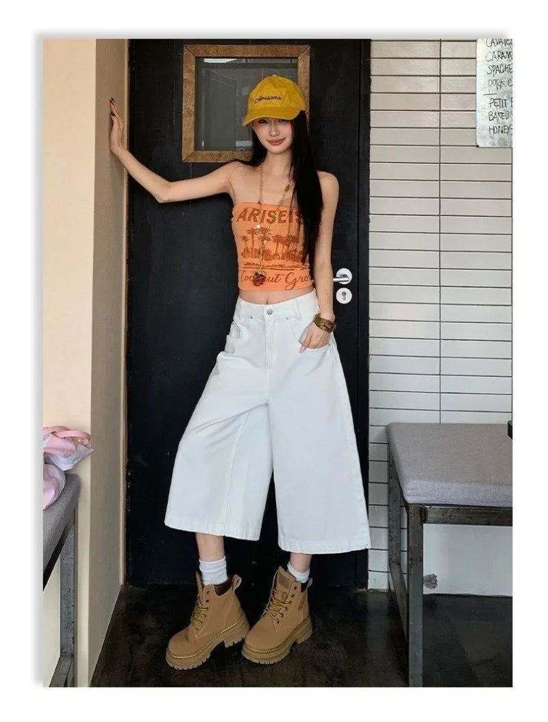 Retro High Waist Wide-leg Jeans Women Summer New Fashion Loose Straight Calf-Length Denim Pants Female Orange Whiter Cowboy Pant