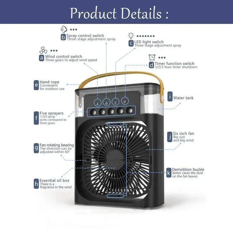 3 In 1 Small Air Conditioner Home Air Cooler LED Night Light Portable Humidifier Wind Adjustment Fan Office Home Fan