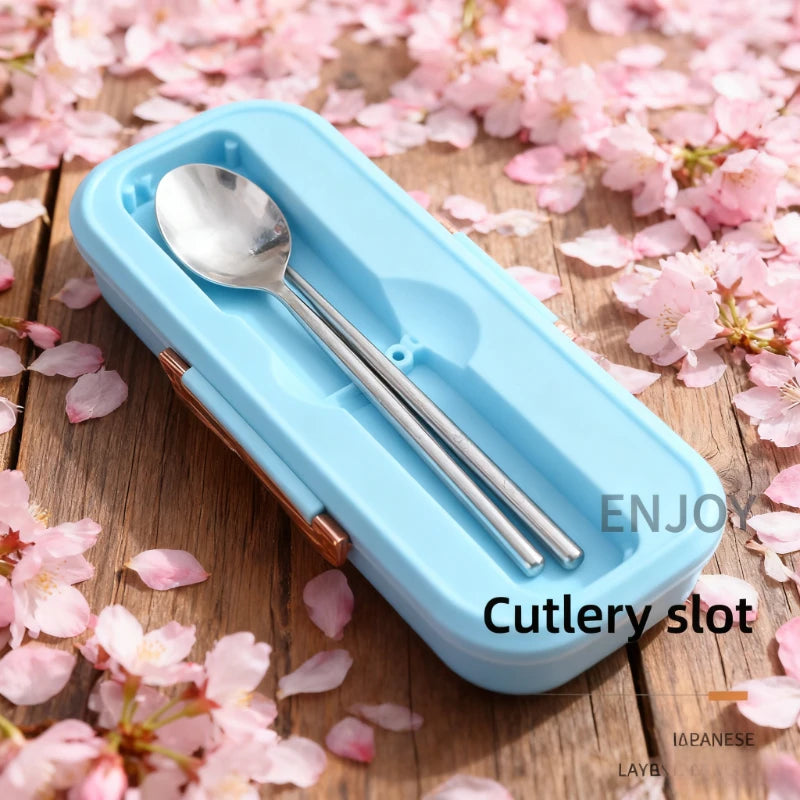 Cartoon Pattern Lunch Box for Students Three Grids Food Grade Plastic Bento Box with Tableware Microwave Heating Office Meal Box