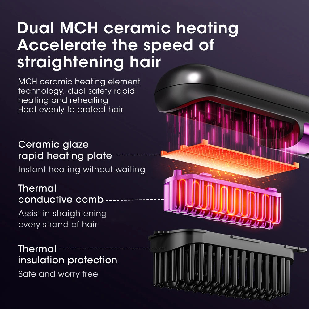 Cordless Hair Straightener 4 Temp LCD Display Anti-scald Hair Straightening Brush Portable Rechargeable Hair Styler Travel Women
