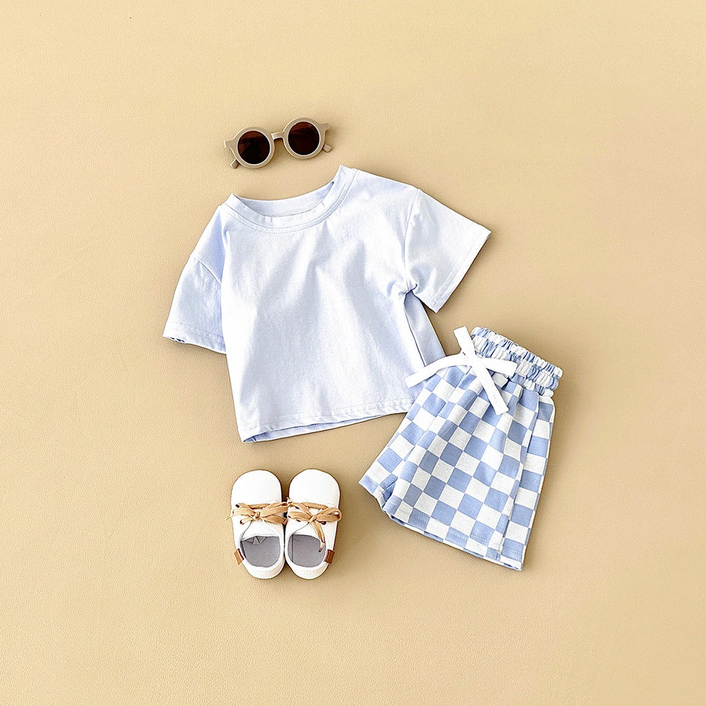 2PCS Kids Clothes Baby Boys Girls Solid Color Short Sleeve T-shirt Plaid Pattern Shorts Sets Baby Clothing Sets 0-3Y