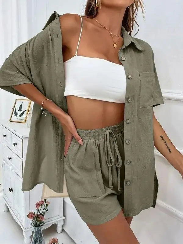 Solid Color Single Breasted Top Casual Loose Short Pants Sets Women Summer Women's 2 Pieces Suit Full Set Female Outfit Clothes