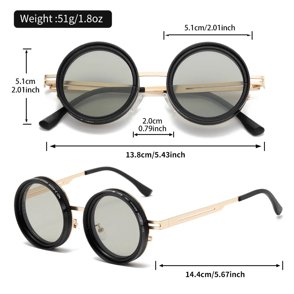 Driving Sunglasses Men Adjustable Sunglasses Round Frame Steampunk Sun glasses Color-changing ND 9 Polarized Lenses Sun Glasses