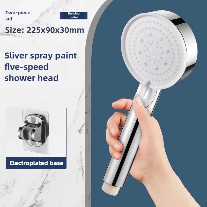 High-Pressure Handheld Shower Head with Stand and Hose - 5 Adjustable Water Flow Modes, Round Plastic Bathroom Accessory