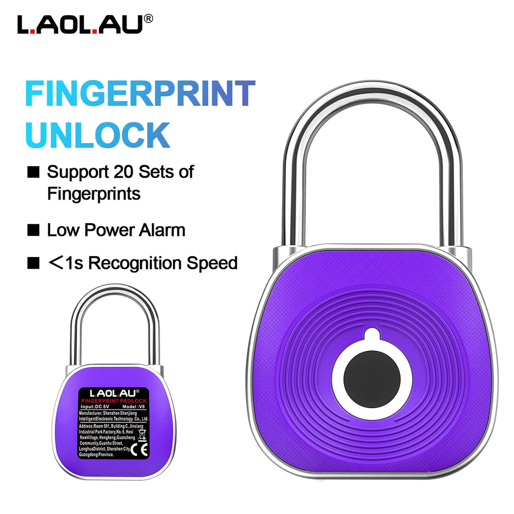 Fingerprint Smart Padlock Keyless Biometric Lock Waterproof USB Rechargeable 0.5s Unlock 20 Fingerprints, Cabinet Luggage Door