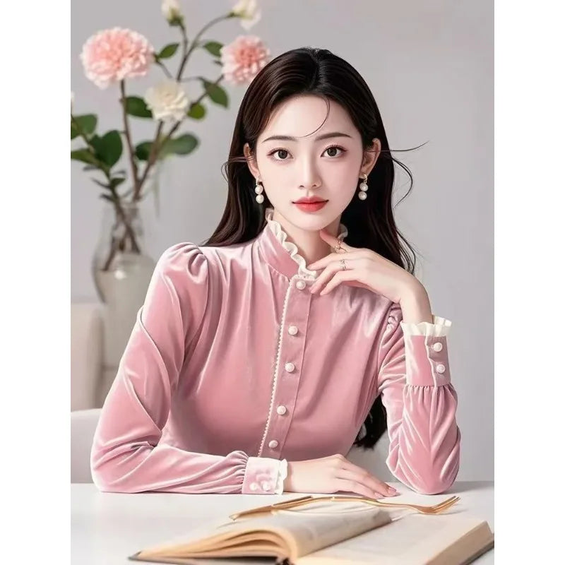 2025 Long-sleeved Autumn Winter New Style Stand-up Collar Lace Slim Shirt with Western Style Temperament Velvet Shirt Base Top