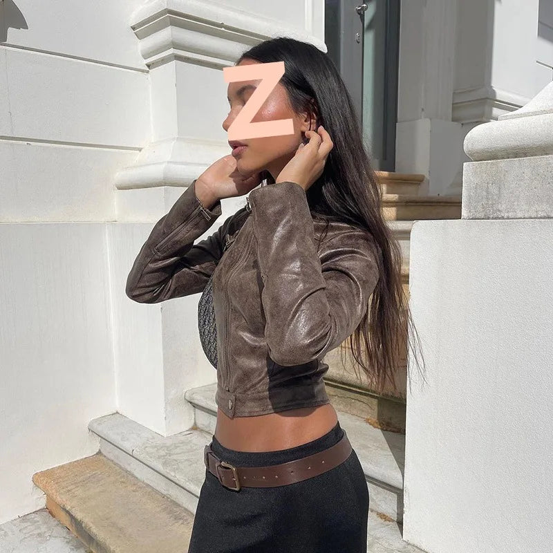 American Y2K Retro Distressed Brown Short Jacket 2026 Spring New Hot Girl Versatile Stand Collar PU Leather Jacket
