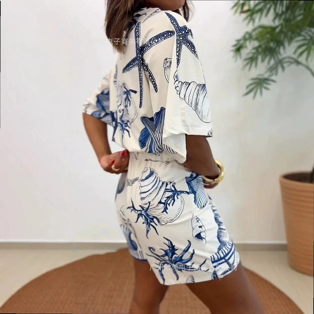 Women V Neck Beach Printed High Waist Stretch Jumpsuit Shorts Overall Playsuit