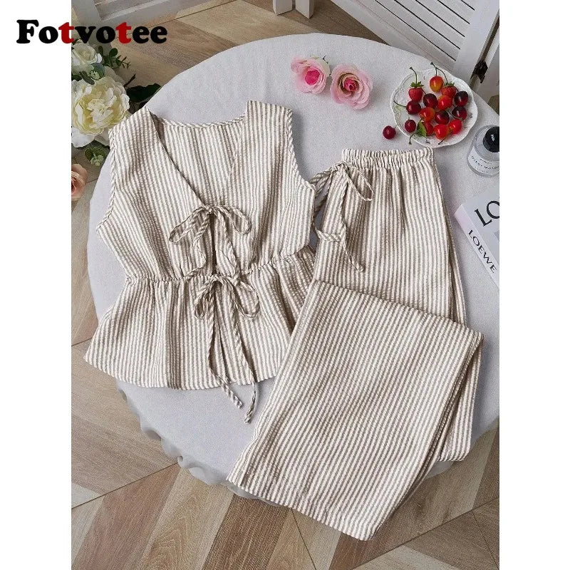 FOTVOTEE 2 Piece Sets Womens Outfits Striped V Neck Lace Up Sleeveless Blouse High Waist Wide Leg Pants Suits Casual Tracksuits
