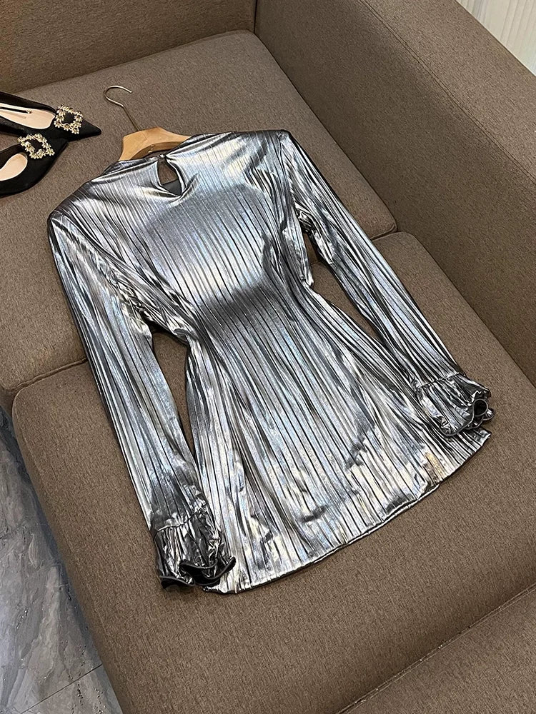 HIGH Quality 2026 Fashion Women's Sexy Luxury Glitter Flare Long Sleeve Belted Pleated Mini Party Dress