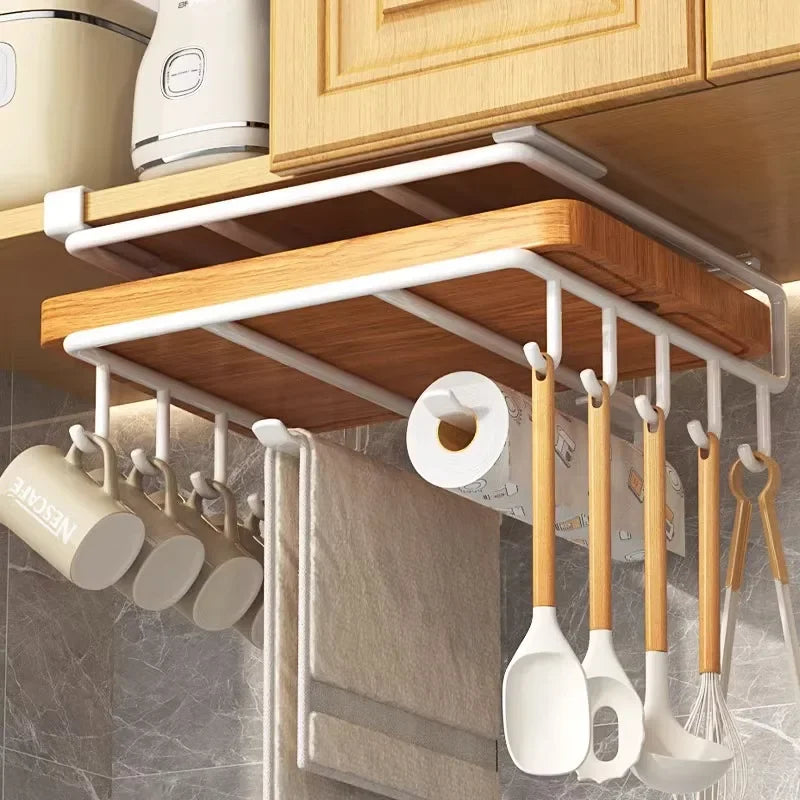 Kitchen Hanging Organizer Rack with Hooks Under Cupboard Paper Towel Rags Hanger Cutting Board Pot Cover Holder Storage Shelf