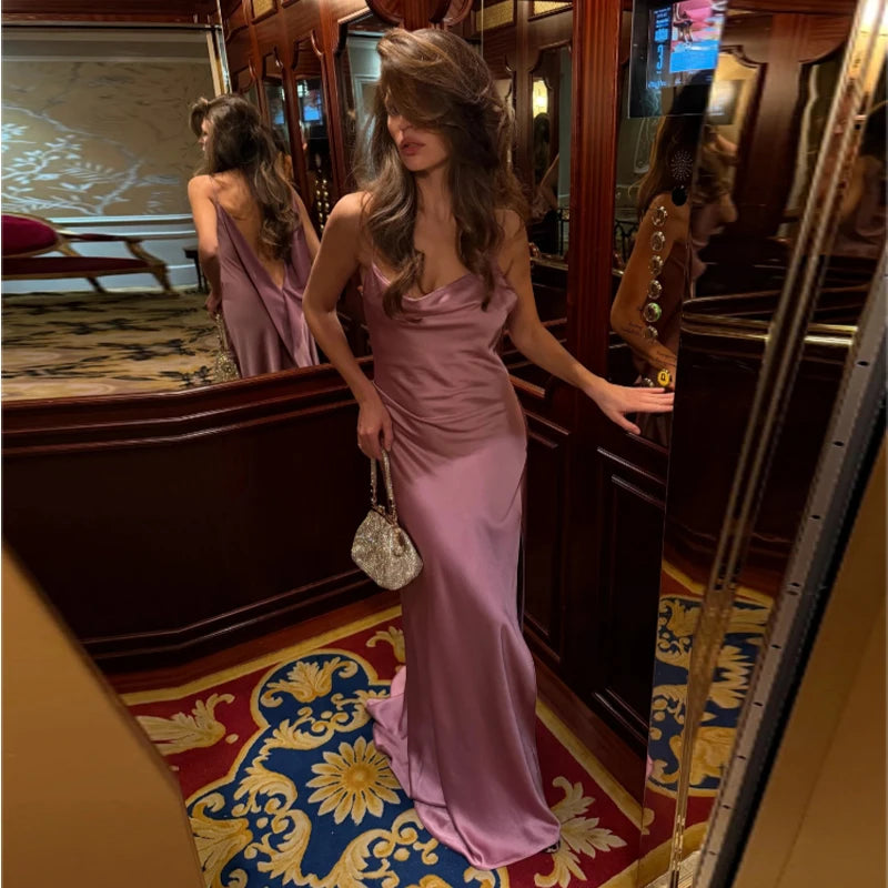 Backless Women Dress Satin Spaghetti Strap Maxi Dresses Back Tail Cowl Drape Front Neck Side Split Hem Elegant Evening Bodycon