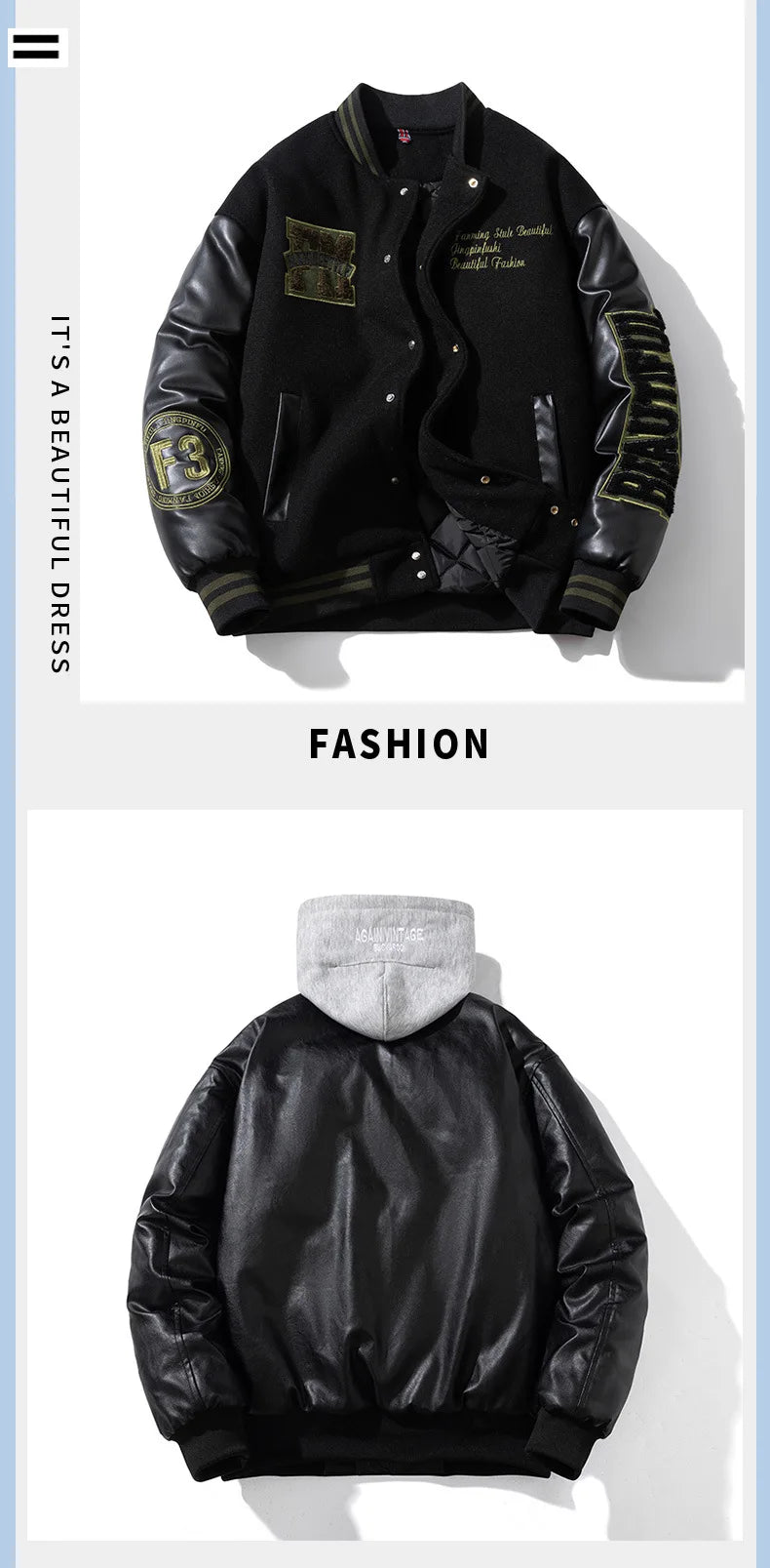 Vintage Letter Embroidered Baseball Jacket Cotton Coat Men's Winter Leather Sleeve Patchwork Woolen Thicken Overcoat