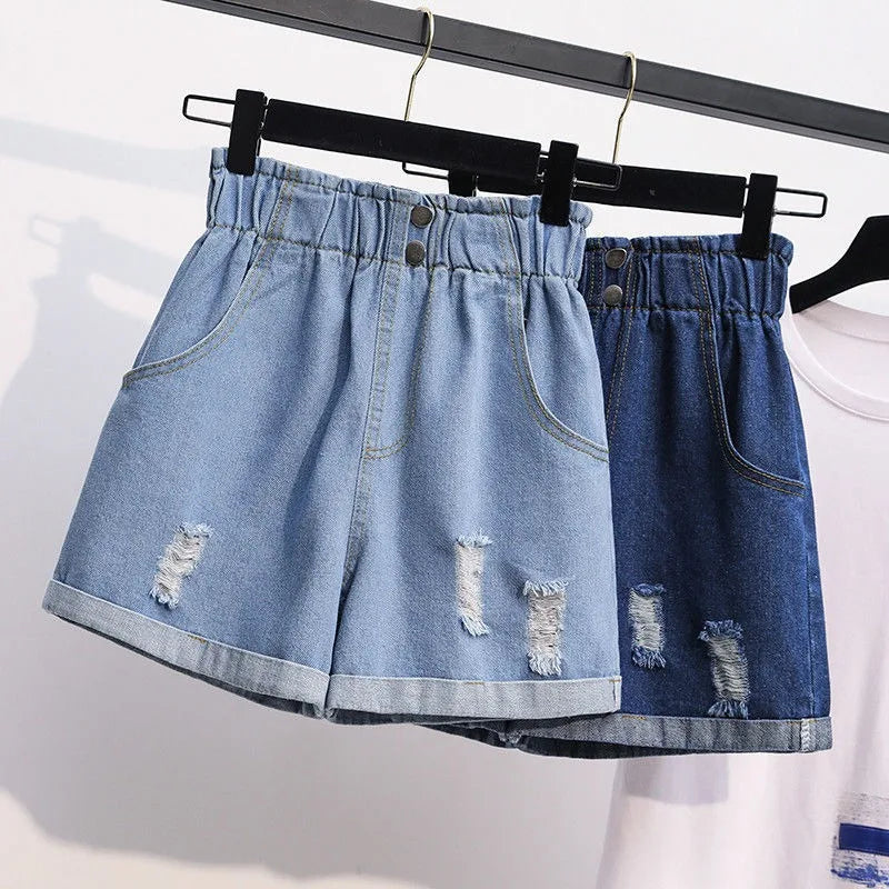 Denim Shorts for Women Korean Style Young College Girls Clothing Summer Elastic Waist Fashion Soft Loose Streetwear Chic Pockets