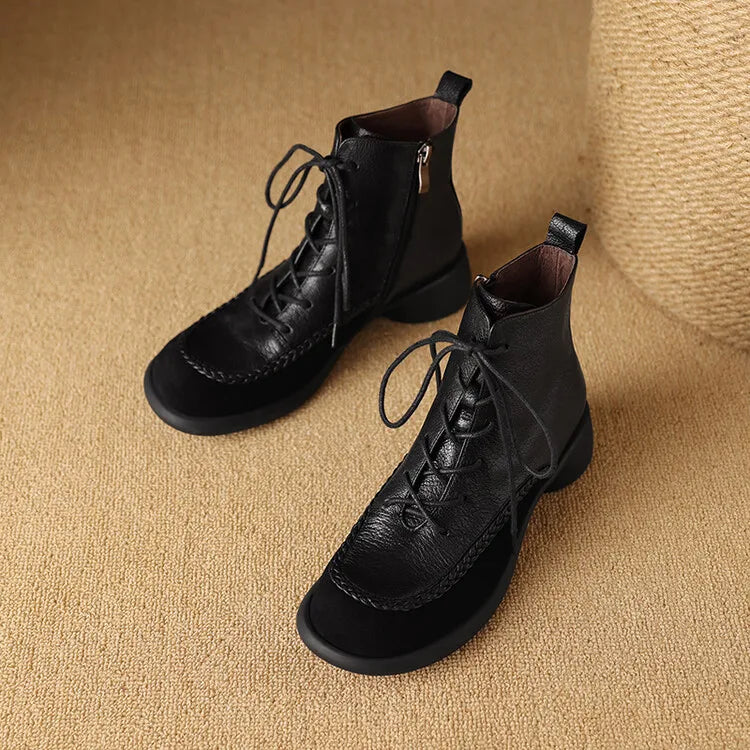 New Autumn Winter Genuine Leather Women Boots Fashion Lace Ankle Boot for Women Short Boots Shoes Chunky Heel Botines Mujer