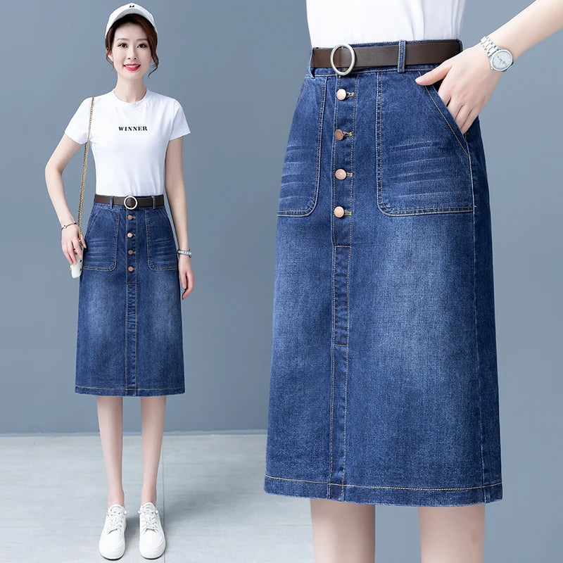 High Waist A-Line Midi Skirt for Women Spring 2023 Denim Split Long Dress Korean Style Commute Pure Color Long Skirt