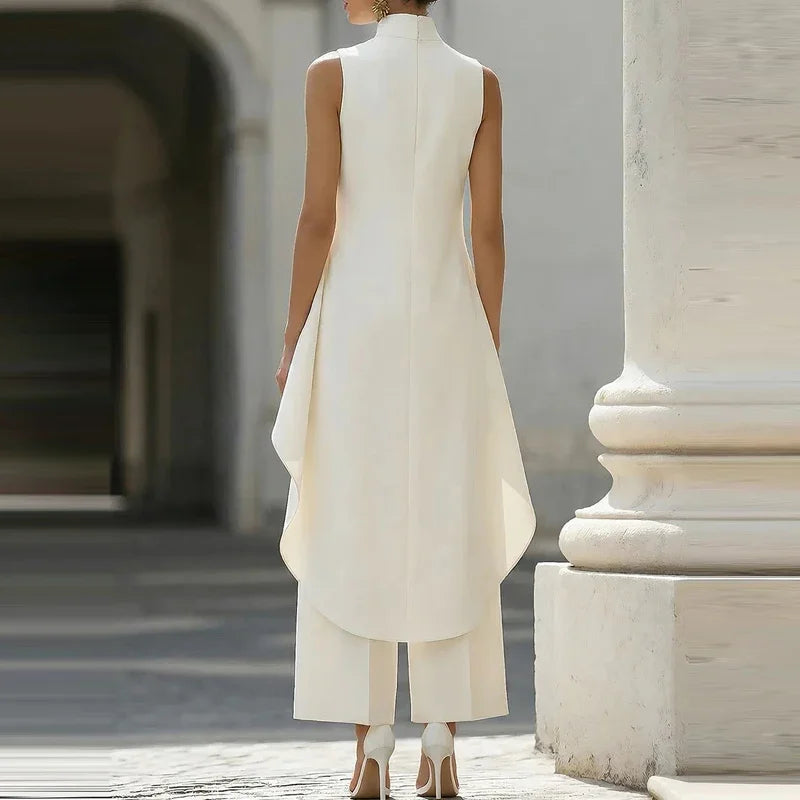 Women Chic Irregular Top+Pant Stwo-Piece Set Casual Solid Color High Neck Sleeveless Suit Fashion Office Commuting Loose Outfit
