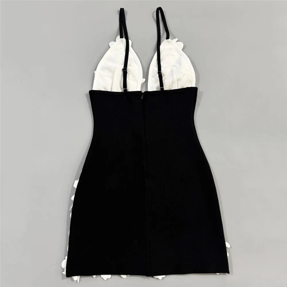 Women Simple 3D Floral Appliques Spaghetti Strap Bandage Dresses Deep V-Neck Backless Club Party Mini Dress