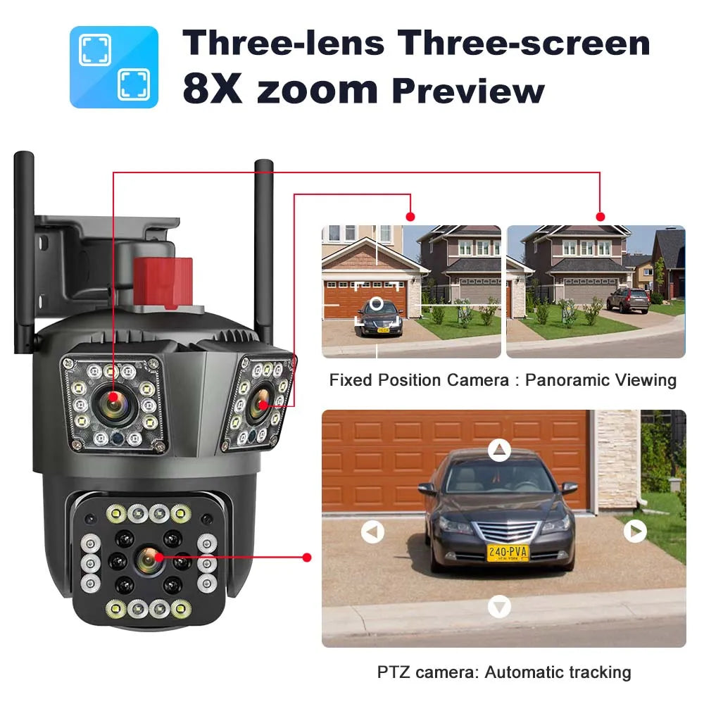 6K 12MP WiFi Security Camera with 8X Zoom Triple Lens Auto Tracking 8MP IP CCTV for Smart Home Wireless Surveillance