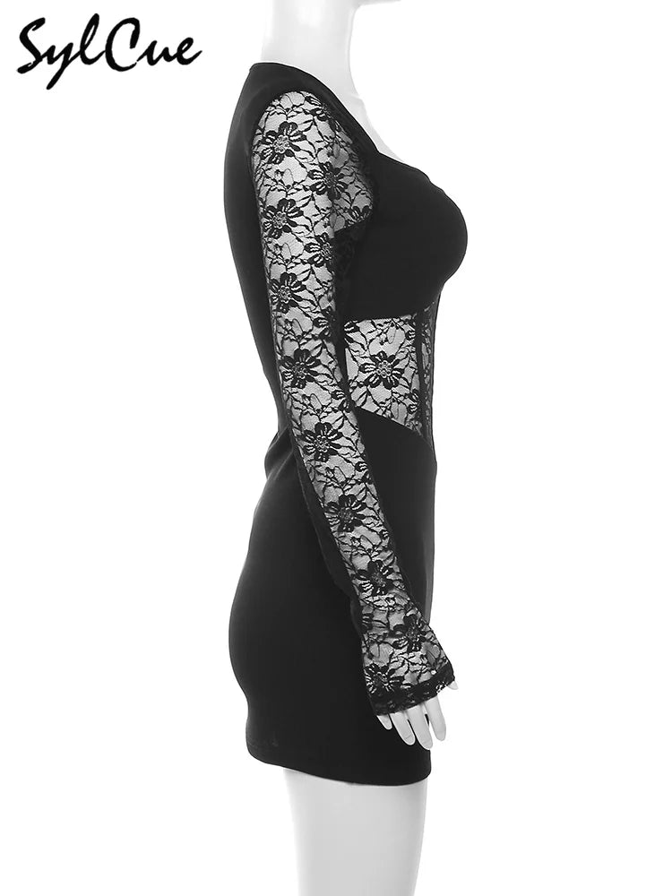 Sylcue Black Mysterious Sexy Lace Stitching Mature Beautiful Sweet Gentle Women'S Winter Long Sleeve Hip Short Dress