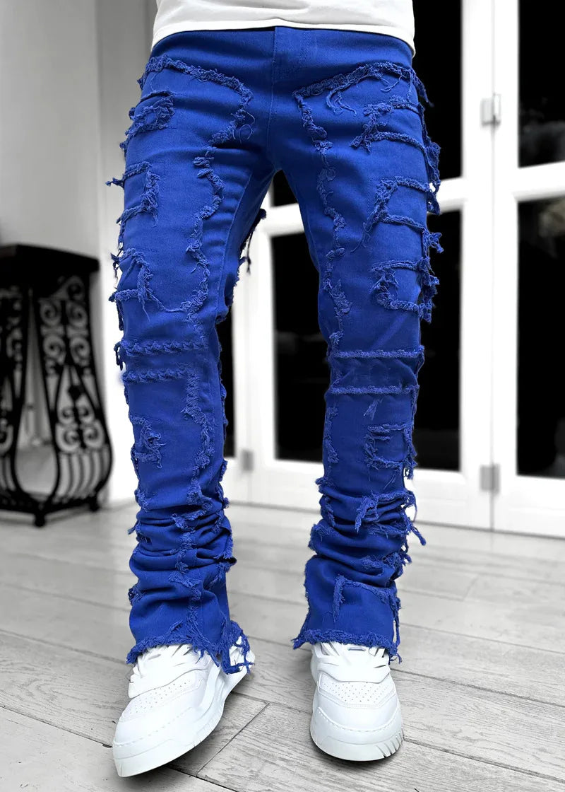 2026 New Men's Denim Straight-Leg Pants, European and American Street Fashion Ins Stretch Patch Denim Straight-Leg Pants