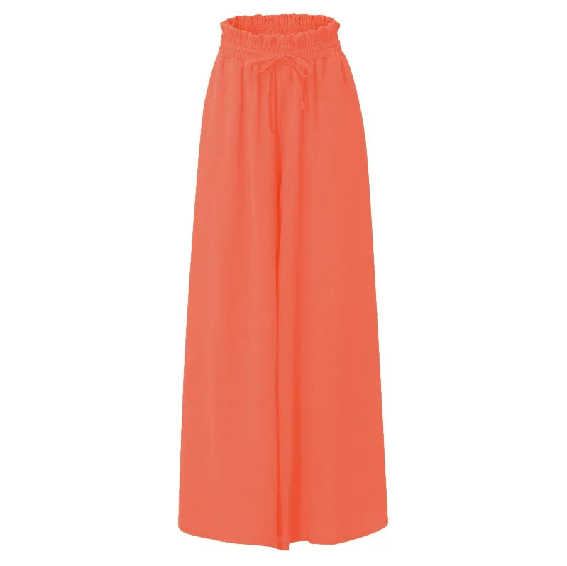 Women Casual Elastic Waist Wide Leg Pants Summer Elegant Drawstring Loose Straight Trouser Elegant Solid Pants Vacation Beach