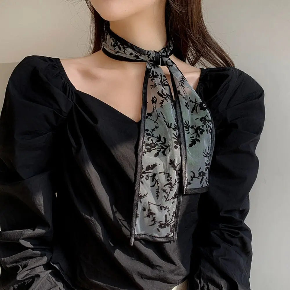 Y2k Sweet Flower Lace Neck Strap Dressing Decoration Korean Style Hair Band Neckerchief Transparent Long Ribbon Head Scarf