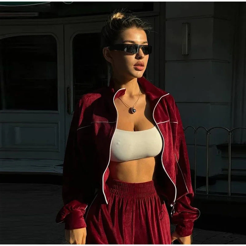 Women's Casual Solid Color Two-piece Short Stand-up Collar Jacket Wide-leg Pants 2026 Street Style Women's Clothing Set