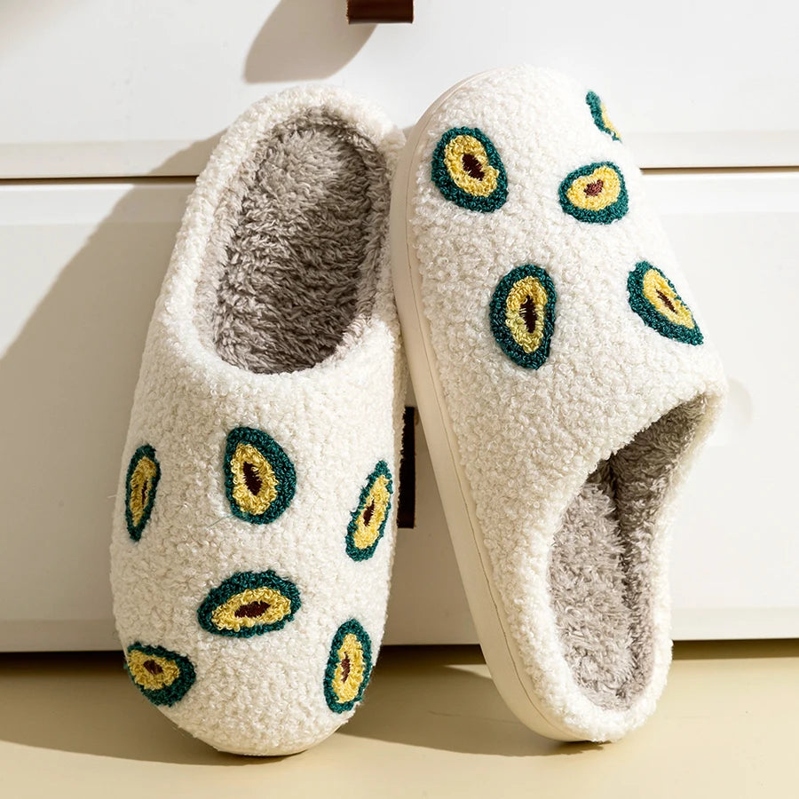 Cute Avocado Women Slippers Winter Warm Indoor Fruit Cartoon Funny Soft Non-slip Slipper Cherry Strawberry Comfy Cotton Shoes