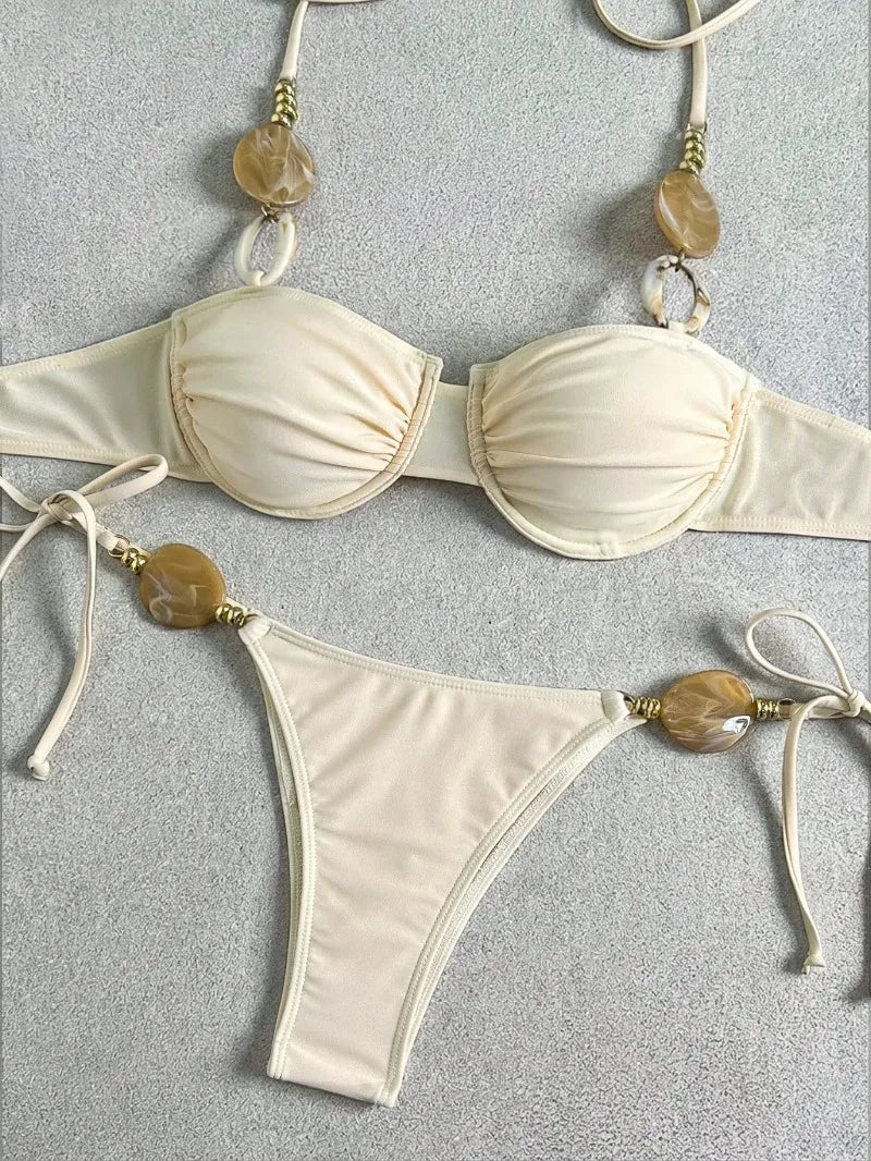 New Women's Sexy Halter Neck Backless Bikini Set Two-Piece Swimwear Solid Color Euro American Style Summer Beach Fashion