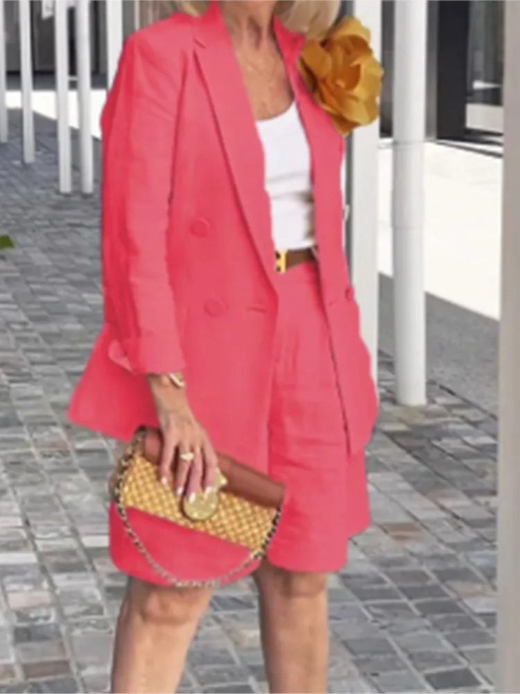 Summer New Solid Color Long Sleeve Shorts For Women's Suit Set Stylish Cardigan Female Office Suit 2 Piece Set