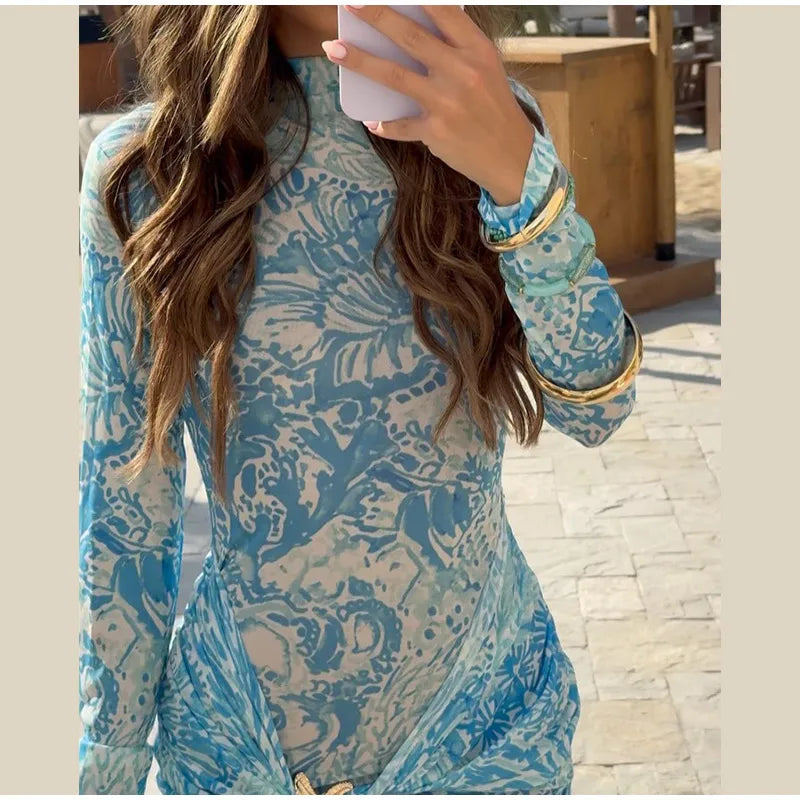 Women Blue Print Mesh Short Dresses Chic Sexy Summer Long Sleeve See-through Bandage Starfish Holiday Beach Dress Streetwear Hot