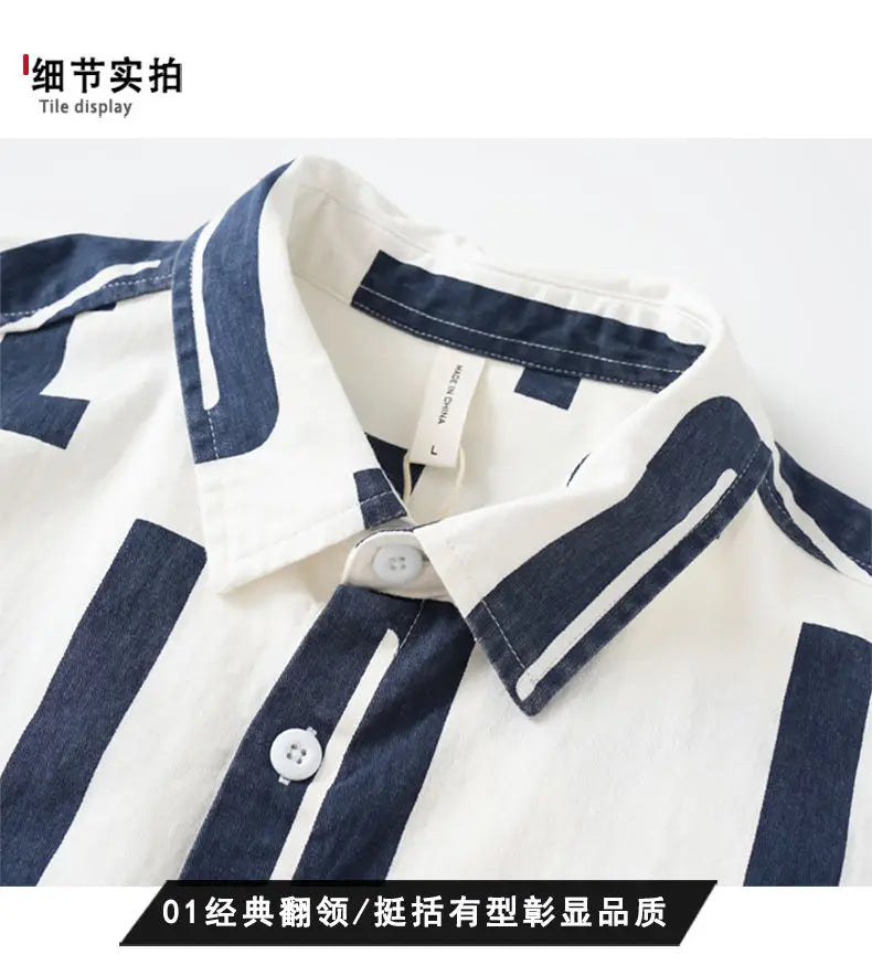 Men Clothing Spring Autumn Trendy Vintage Letter Print Lapel Shirt Simple Casual Long Sleeve Pocket Loose Tops Camisa Masculina