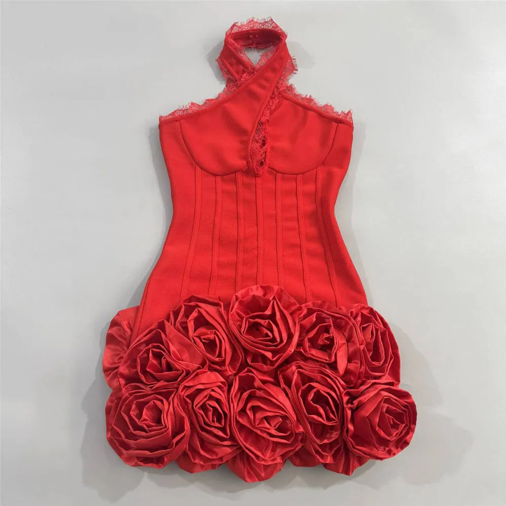 Women Sexy Hollow Out Lace Patchwork Bandage Dress Fashion Flowers Club Party Mini Dresses