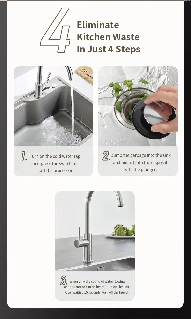 High-Power Garbage Disposer 220V Household Food Processor Kitchen Waste Grinder Efficient Bone Crushing