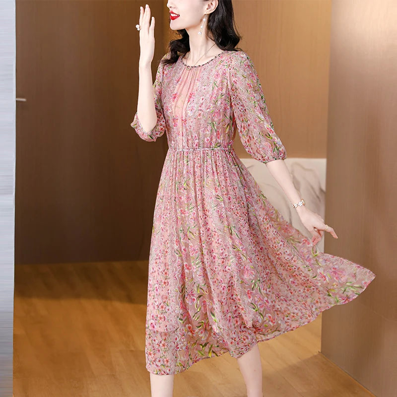 2025 Summer Floral Silk Beach Midi Sundress Women Boho Fashion Casual Light Dress Spring Korean Elegant Luxury Festival Vestidos