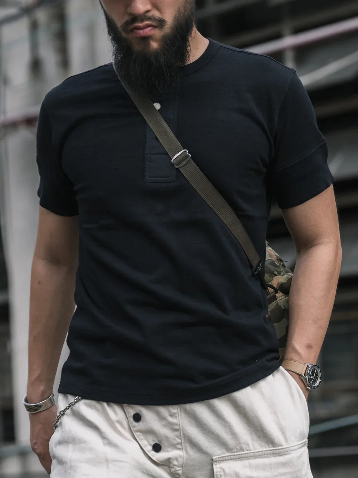 Bronson Vintage Short Sleeve Henley T-Shirt Retro Style Mens Cotton Tee Shirt