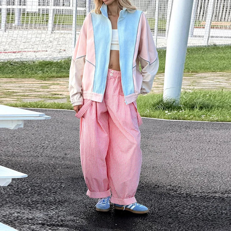 Polka Dot Cropped Windbreaker Jacket, Contrast Pink Seam Piping Side Pockets Loose Outerwear 2026 Autumn Street Daily Lady Coat