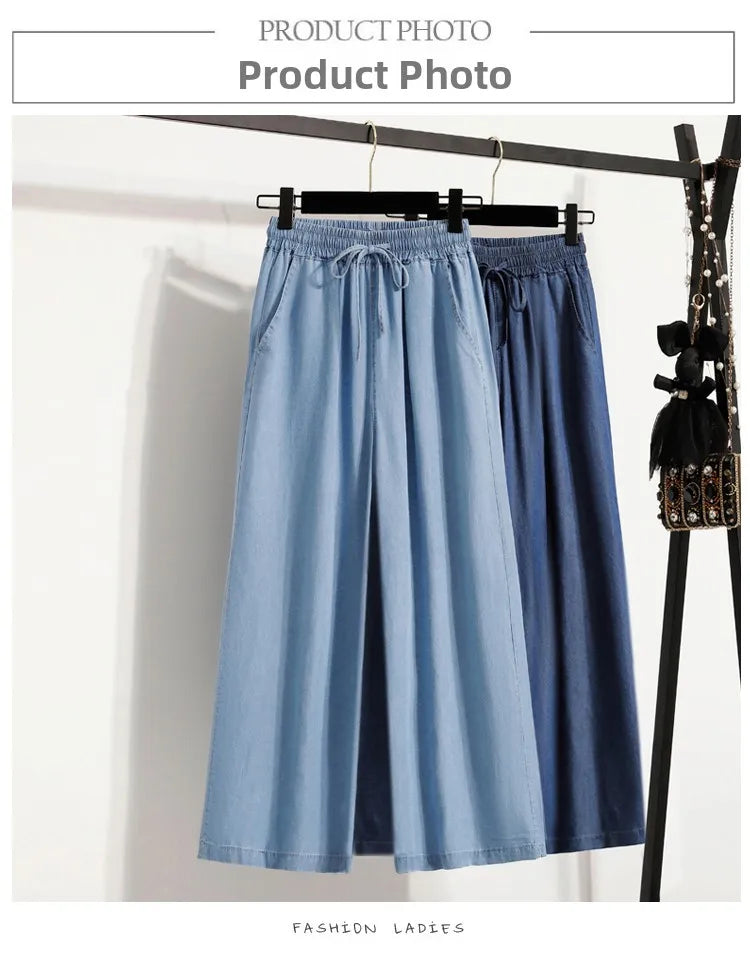 Women's Summer Slim Straight Leg Jeans Wide Leg Ice Silk Casual High Waist Trousers Cotton Polyester Blend No Ironing Needed
