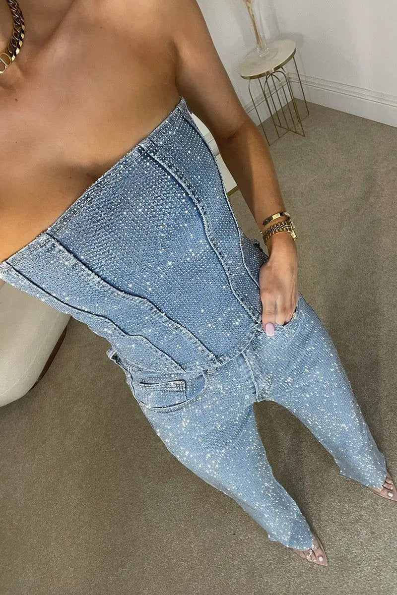 Denim Pant Set Women Two Piece Sets Sexy Strapless Sleeveless Tops Long Pants High Waist Y2k Streetwear Elegant Work 2026