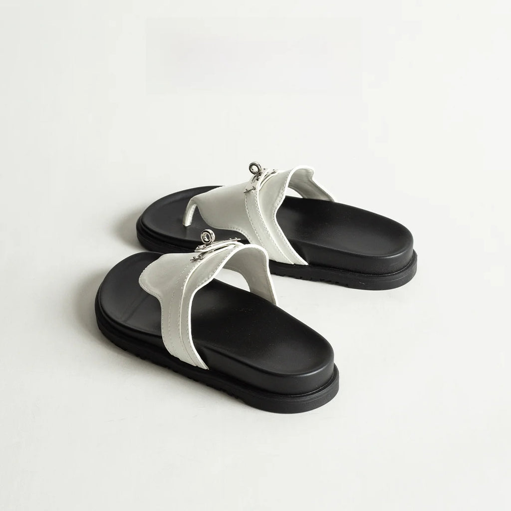 British Style Thick Bottom Slip-On Sandals Women Summer Foot-Strap Leather Half Slippers Beach Flat Heel Casual Shoes