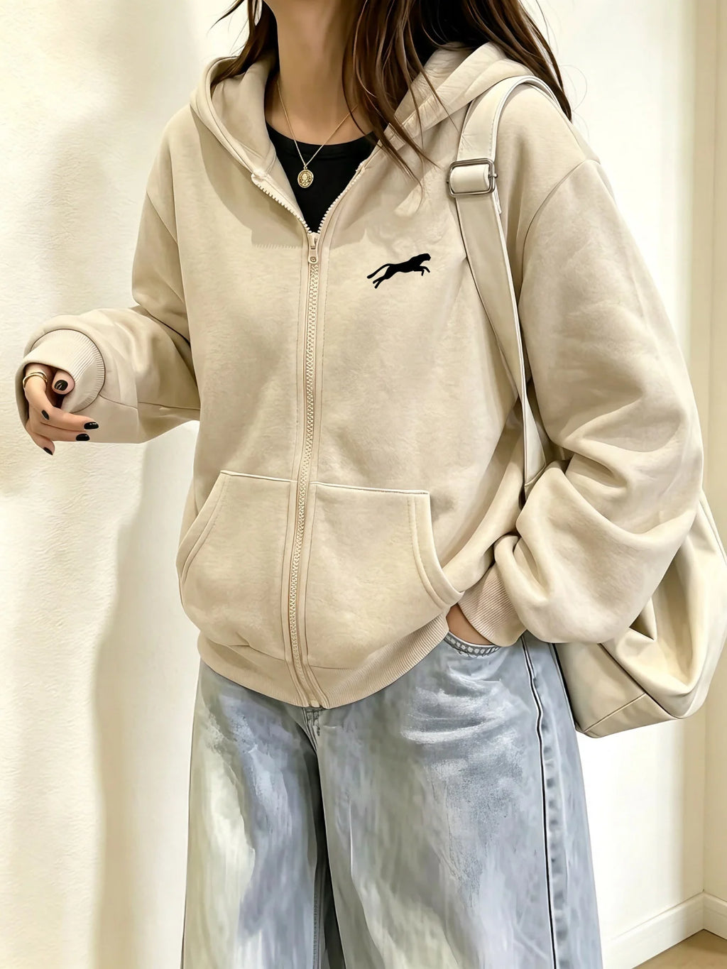 Women Apricot Running Leopard Silhouette Print Zip Up Hoodie Animal Graphic Full Zip Sweatshirt Kangaroo Pocket Casual Streetwea