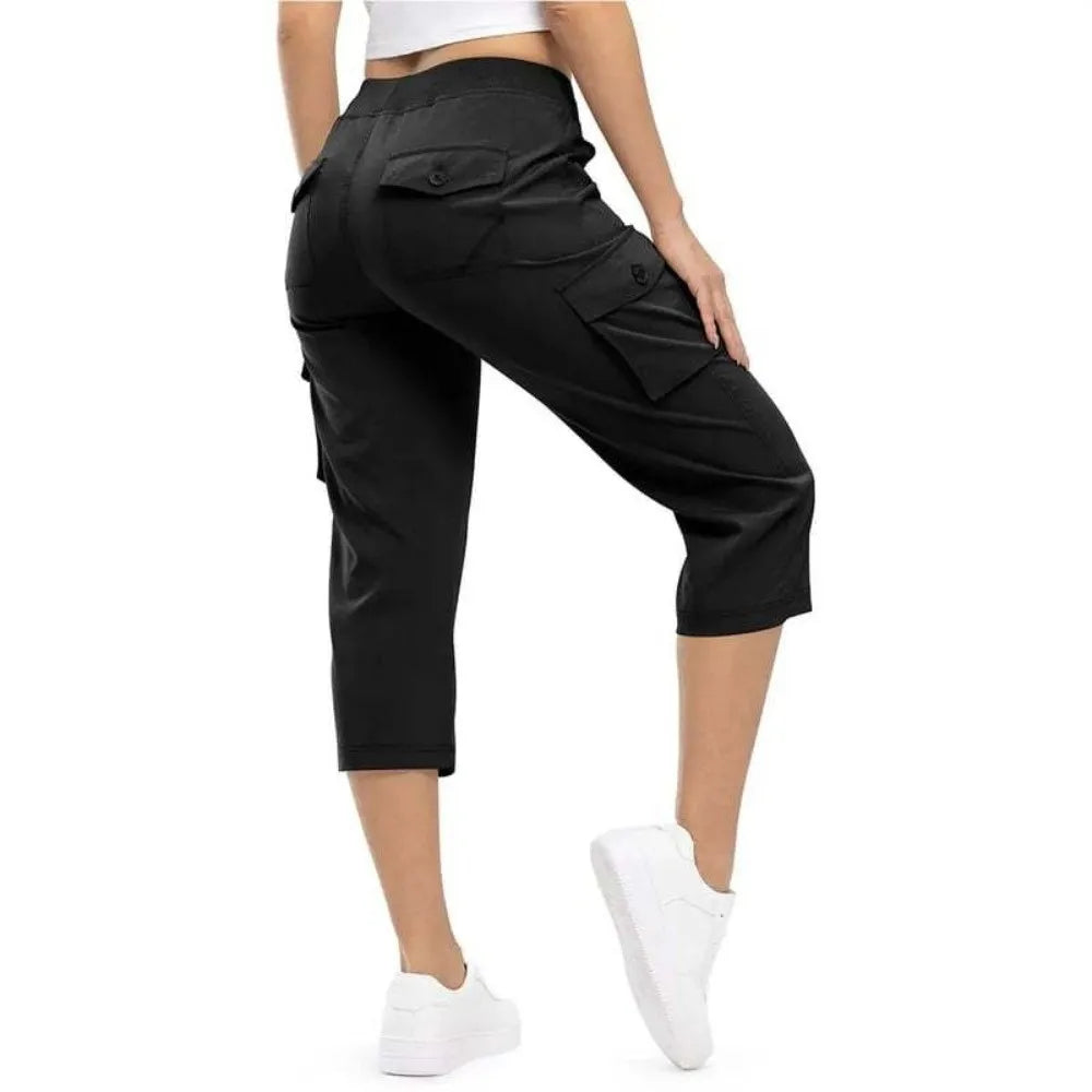 Quick Dry Fabric Women’s Hiking Pants Lightweight Feel Elastic Waistband Capri Pants Multiple Pockets Cropped Length Cargo Pants