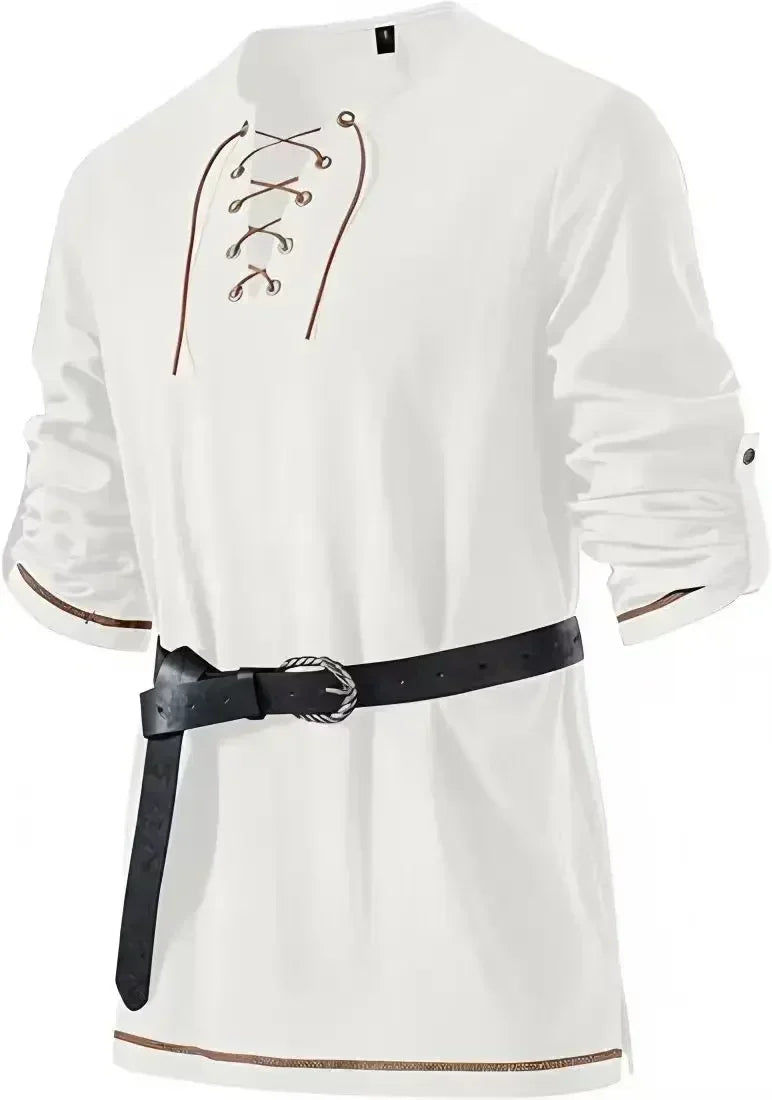 Men Medieval Lace Up Linen Long Sleeve Tunic Viking Pirate Renaissance Cosplay Shirt With Vintage Embossed Leather Belt